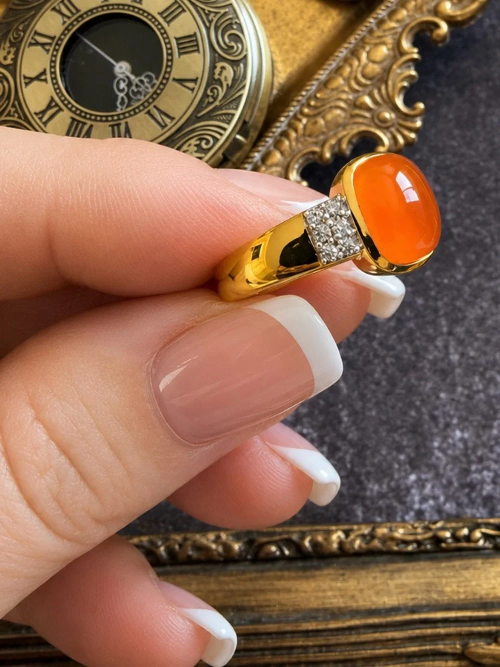 🆕 SONI • Gold Ring Orange Cabochon Crystal Stones Cocktail  Ring